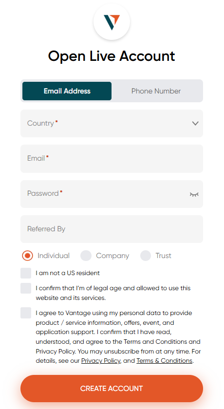 Vantage "Open Live Account" registration form